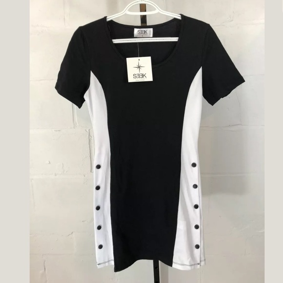 Seek The Label Side Snap Mini Dress Black White - Picture 2 of 6